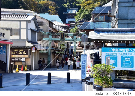 神奈川県藤沢市 江の島青銅の鳥居と弁財天仲見世通り 神奈川県藤沢市 江の島青銅の鳥居と弁財天仲見世通り 83433348