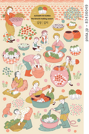 Autumn in Korea, the Kimchi-making season. Vector illustration icons set of Korean town people and family Making Kimchi.  83436049