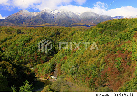 紅葉の小海線と初冠雪の八ヶ岳 83436542