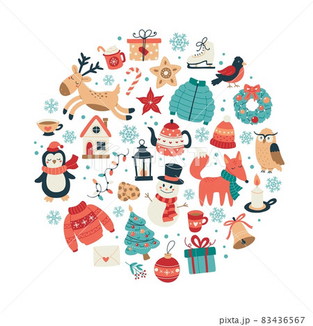 Christmas and New Year collection of cute animals and seasonal elements in circular shape. Hand drawn vector illustration 83436567