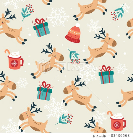 Christmas pattern with cute reindeer, gifts and cups. Festive background with hand drawn elements, vector illustration 83436568