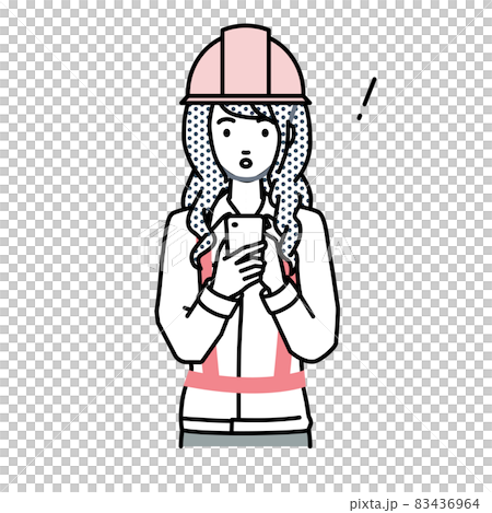 A woman at a construction site who was surprised to notice something while standing and operating a smartphone A woman at a construction site who was surprised to notice something while standing and operating a smartphone 83436964