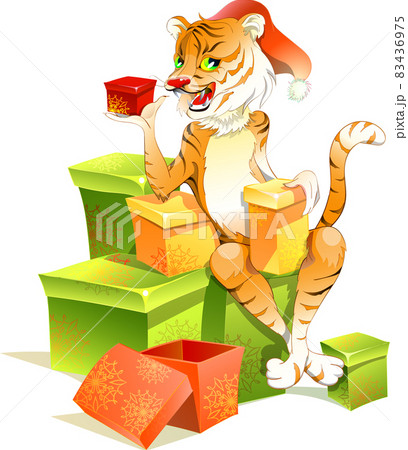 A cartoon tiger sits on gift boxes. Happy New Year and Merry Christmas. The tiger is a symbol of the new year. 83436975
