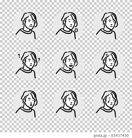 太線でポップな印象の若いショートヘアーのカジュアルの女性の人物の表情アイコンのセット 太線でポップな印象の若いショートヘアーのカジュアルの女性の人物の表情アイコンのセット 83437430