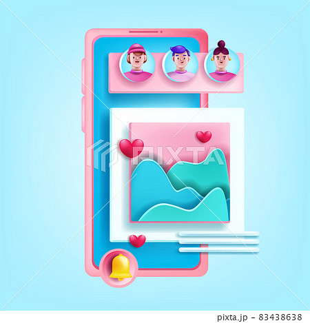 3D social media vector icon, smartphone screen, digital marketing app design, online chat, user face 83438638