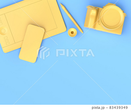 Top view of designer workspace and photography gear on blue table background Top view of designer workspace and photography gear on blue table background 83439349