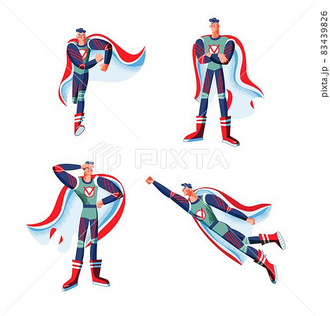Superhero in costumes set. Cartoon comic heroes with capes vector illustration. Man with powers posing isolated on white background. Brave guy standing and flying 83439826