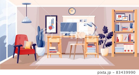 Modern home office interior design background. Room at home for work and rest with chair, table with lamp and computer, armchair, shelves stand. Cosy area for working vector illustration Modern home office interior design background. Room at home for work and rest with chair, table with lamp and computer, armchair, shelves stand. Cosy area for working vector illustration 83439990