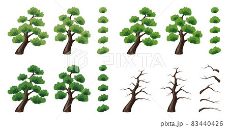 松の木のイラスト素材セット 木と枝と葉 色褪せたのイラスト素材