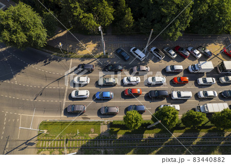 Transport Aerials - top down view of freeway busy city rush hour heavy traffic jam highway. 83440882