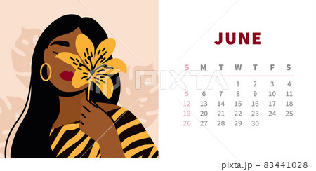 Tiger calendar design concept 2022. Woman with tiger lily, exotic flower. Horizontal page template for June. Chinese symbol of the year. Trendy fashion illustration. 83441028