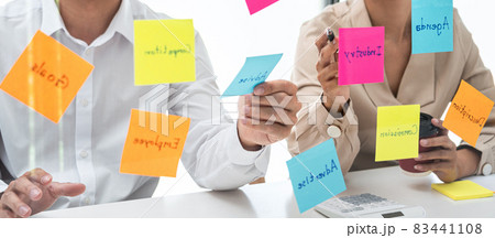 Two business people holding and pointing keyword on post it notes on a glass wall to brainstorm about new startup 83441108