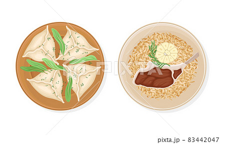 Traditional Dish of Uzbek Cuisine with Pilaf and Dumplings Served on Plate Above View Vector Set 83442047