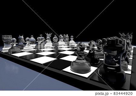 3D rendering illustration. Glass chess pieces on chess board 83444920