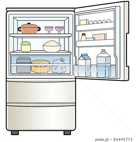 扉が開いている3ドア冷蔵庫 白物家電 食品保存 冷凍室 のイラスト素材