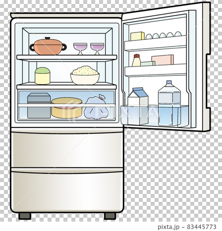扉が開いている3ドア冷蔵庫【白物家電・食品保存・冷凍室】 83445773