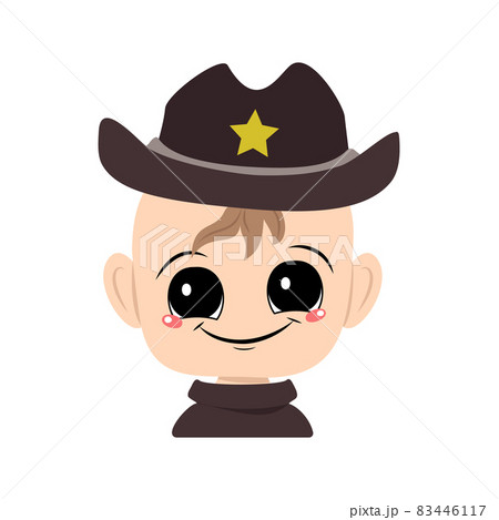 Avatar of a child with big eyes and a wide smile in a sheriff hat with a yellow star. Cute kid with a joyful face in a carnival costume. Head of adorable baby with happy emotions 83446117