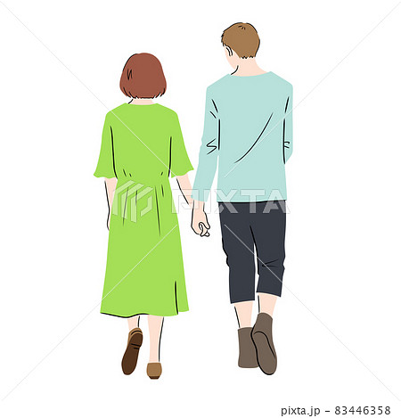 散歩中の男女のカップルの後ろ姿のイラスト 白背景 ベクター 切り抜き のイラスト素材