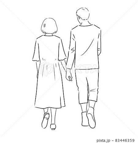 散歩中の男女のカップルの後ろ姿のイラスト 白背景 ベクター 切り抜き 線画 のイラスト素材