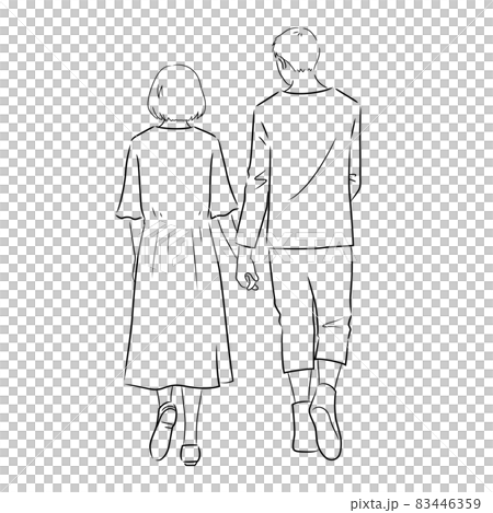幾個男人和女人散步的背影插圖（白色背景、矢量、剪裁、線條畫） 83446359