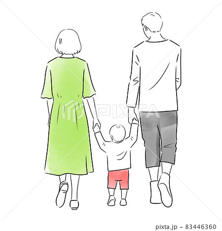 散歩中の家族の後ろ姿のイラスト 白背景 ベクター 切り抜き のイラスト素材