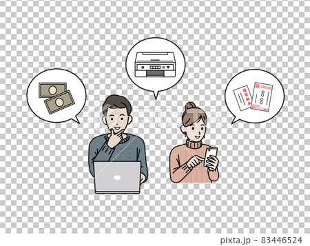 年賀状の印刷サービスを利用する男女　プリンター　はがき　注文　イラスト素材 83446524