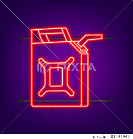 Red canister. Fueling gasoline or diesel web banner. Filling stations network, petroleum. Neon style. Vector illustration 83447949
