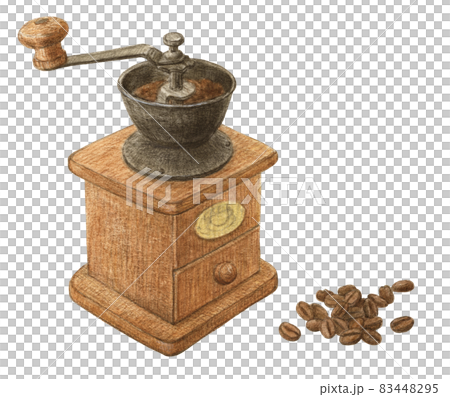 Coffee beans and mill watercolor pencil illustration 83448295