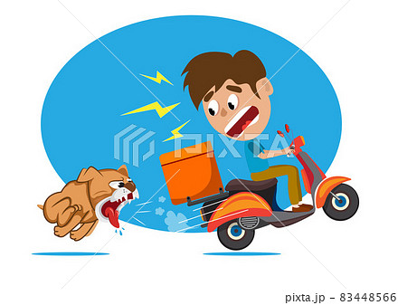 postman, delivery man bitten by a dog therefore urged the motorcycle to flee in shock. Flat style cartoon illustration vector postman, delivery man bitten by a dog therefore urged the motorcycle to flee in shock. Flat style cartoon illustration vector 83448566