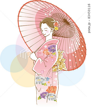 和傘をさしている振袖を着た若い女性のイメージイラストのイラスト素材