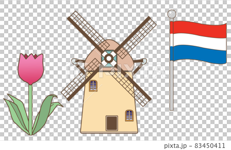 オランダをイメージするイラスト【国旗、風車、チューリップ】 オランダをイメージするイラスト【国旗、風車、チューリップ】 83450411