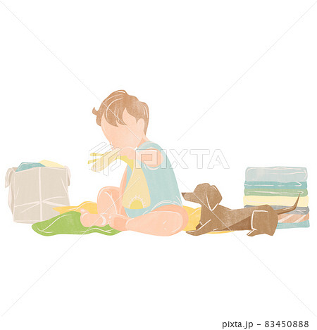 ぬいぐるみで遊ぶ赤ちゃんと犬の手描き水彩風イラストのイラスト素材 4508