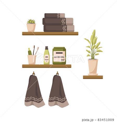 Bathroom interior with hanging towels and on shelves, items for washing, hygiene and cosmetic procedures. 83451009