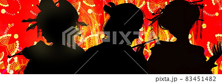 怪しく輝き燃え上がる恋の炎を背景に煙管をふかす派手な髪飾りをした花魁とサムライの切り絵イラスト 83451482