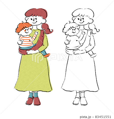 子供を抱っこ紐で抱っこする母親全身手描きイラストのイラスト素材