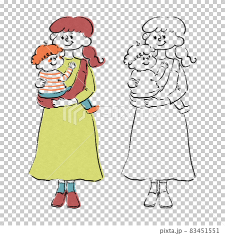 子供を抱っこ紐で抱っこする母親全身手描きイラストのイラスト素材