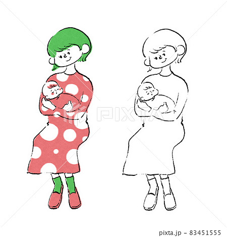 赤ちゃんを座って抱っこする母親全身手描きイラストのイラスト素材