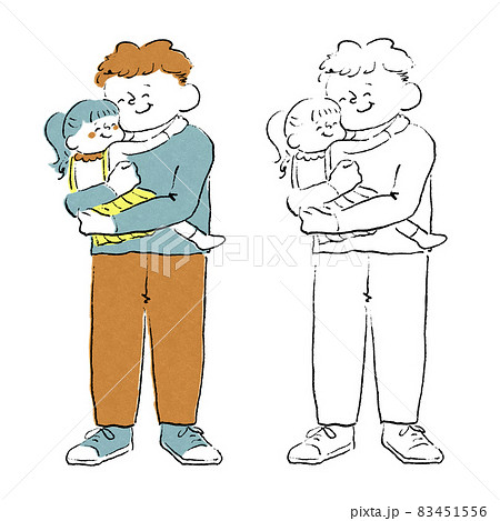 子供を抱っこする父親全身手描きイラストのイラスト素材