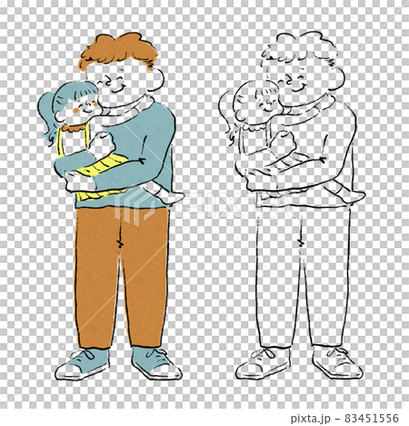 子供を抱っこする父親全身手描きイラストのイラスト素材