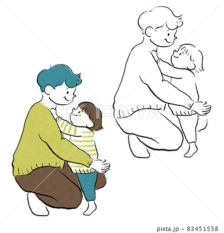 しゃがんで子供を抱っこする父親全身手描きイラストのイラスト素材