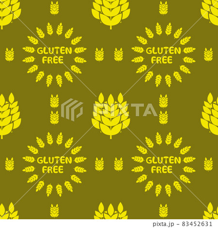 Gluten free, background pattern. Vector seamless pattern with silhouettes of wheat ears and with lettering Gluten free , for food package without gluten or for dietetic product nutrition Gluten free, background pattern. Vector seamless pattern with silhouettes of wheat ears and with lettering Gluten free , for food package without gluten or for dietetic product nutrition 83452631
