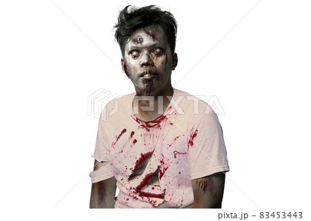 Scary zombie with blood and wound on his body standing Scary zombie with blood and wound on his body standing 83453443