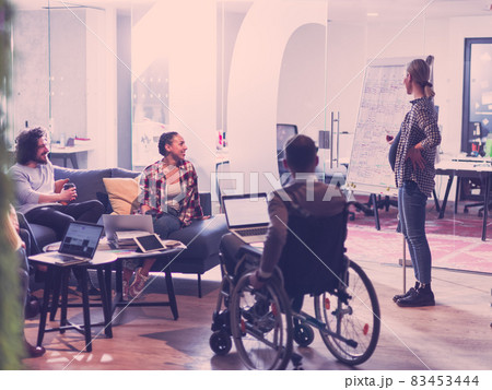 Pregnant Businesswoman Leads Creative Meeting Of Business Team In Modern Coworking open Space Office Pregnant Businesswoman Leads Creative Meeting Of Business Team In Modern Coworking open Space Office 83453444