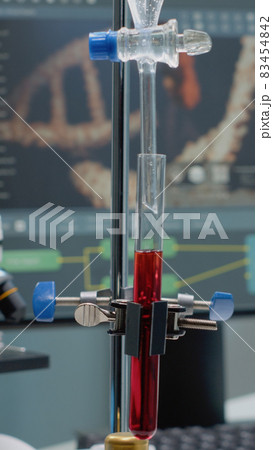 Close up of test tube and pipe for mixing solutions in laboratory 83454842