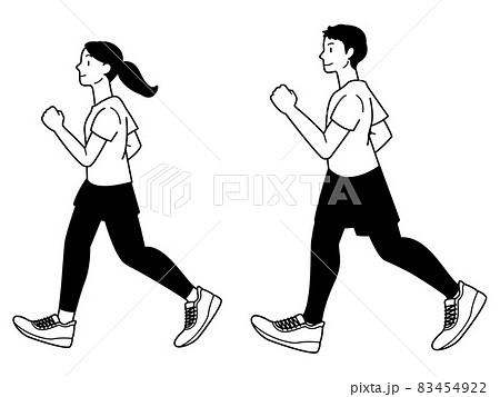 ウォーキングする男女 白黒のイラスト素材