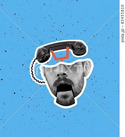 Modern design, contemporary art collage. Inspiration, idea, trendy urban magazine style. Human, male head like retro vintage phone 83455810