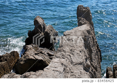 View from Icici's seaside promenade, the beach with birds, Adriatic coast, Kvarner bay, city details, Croatia View from Icici's seaside promenade, the beach with birds, Adriatic coast, Kvarner bay, city details, Croatia 83456425