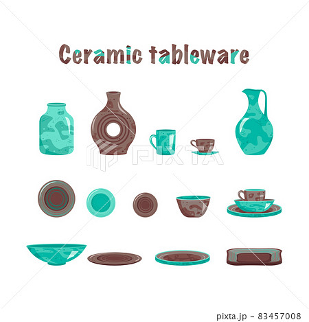 Set of glossy kitchenware ceramic dishes for home cooking, restaurant and cafe. Handmade crockery, design elements in flat vector style Set of glossy kitchenware ceramic dishes for home cooking, restaurant and cafe. Handmade crockery, design elements in flat vector style 83457008