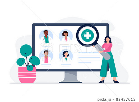 A woman is looking for a doctor for an online consultation. Online medical services, consultation and telemedicine concept. Vector flat illustration. 83457615