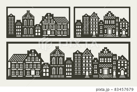 Set of paintings with cute houses. European street with brown building facades in rectangular frame on gray background. Simple style, monochrome design. Vector template for plotter laser cutting, cnc. 83457679